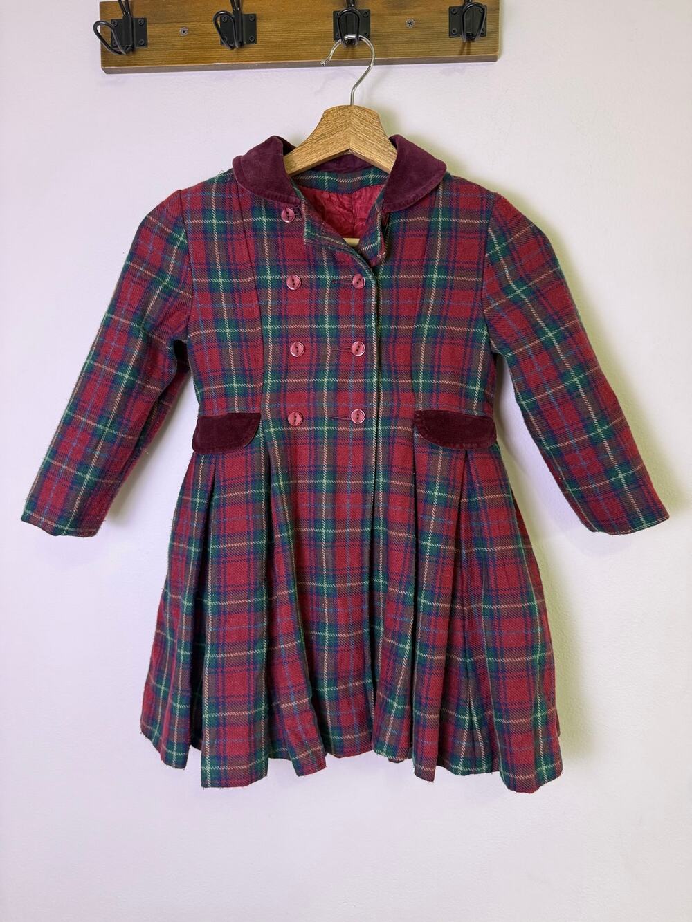 Vintage 1960s Rothschild Girls Plaid Wool Coat Dress Velvet Trim Red Green USA